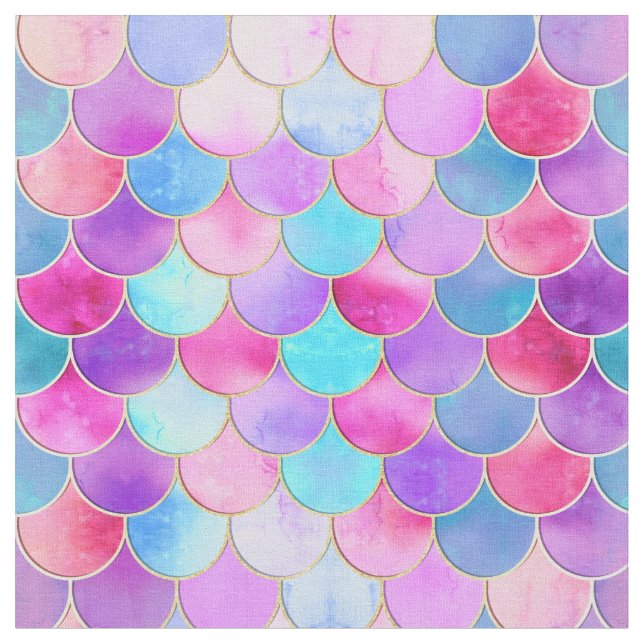 Pink, Purple and Aqua Mermaid Scale Pattern Fabric (Close Up)