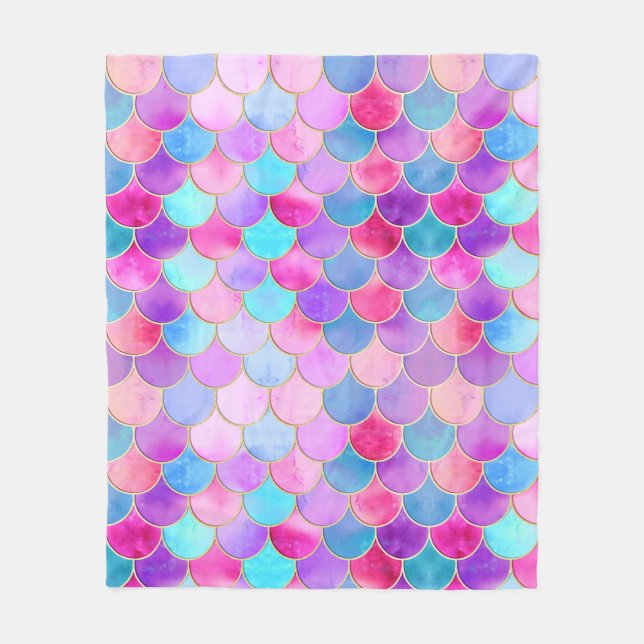 Pink, Purple and Aqua Mermaid Scale Pattern Fleece Blanket (Front)