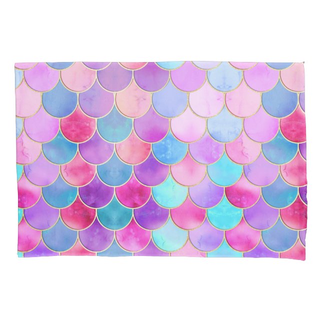 Pink, Purple and Aqua Mermaid Scale Pattern Pillowcase (Front)