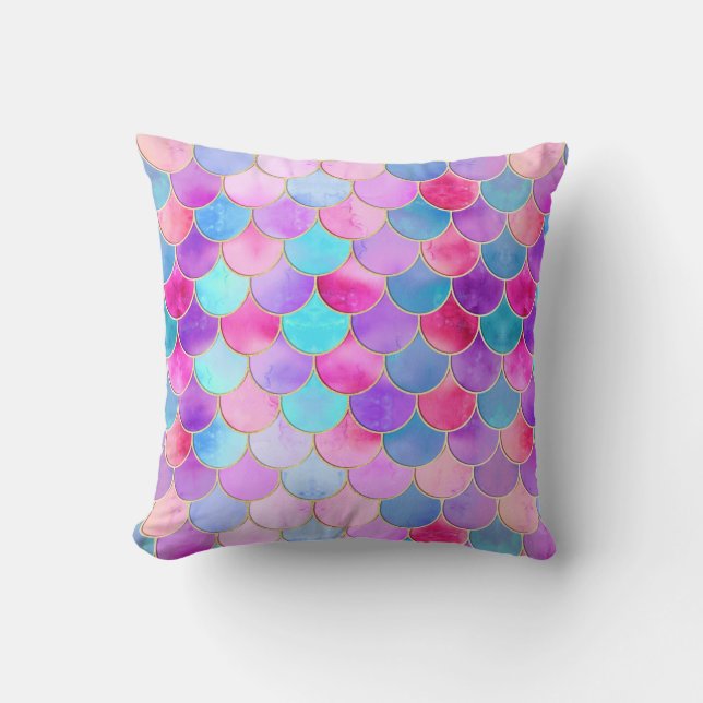 Pink, Purple and Aqua Mermaid Scale Pattern Throw Pillow (Front)