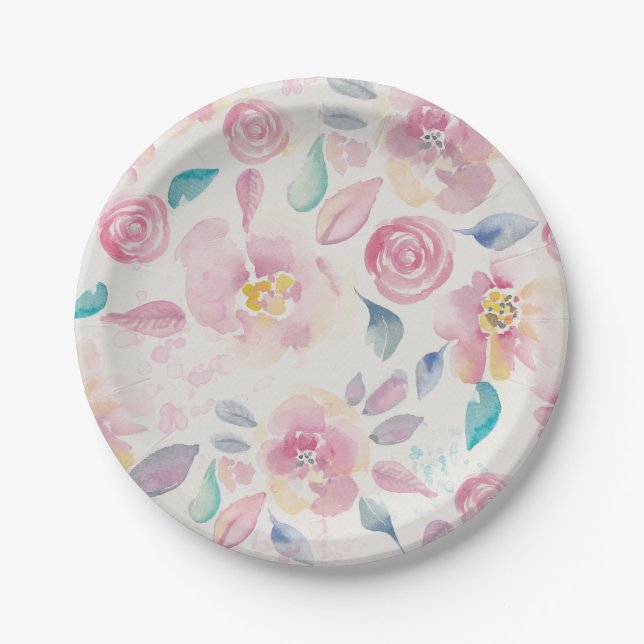 Pink Purple and Blue Floral pattern Paper Plate (Front)