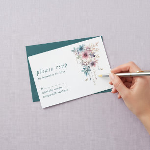 pink purple and blue flowers and butterflies RSVP card