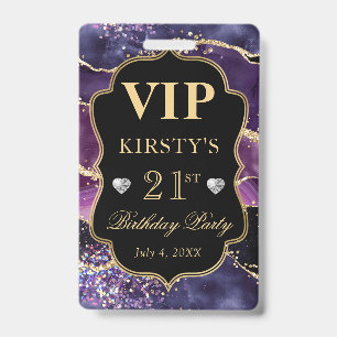 Pink, Purple and Gold Glitter Agate Birthday VIP Badge