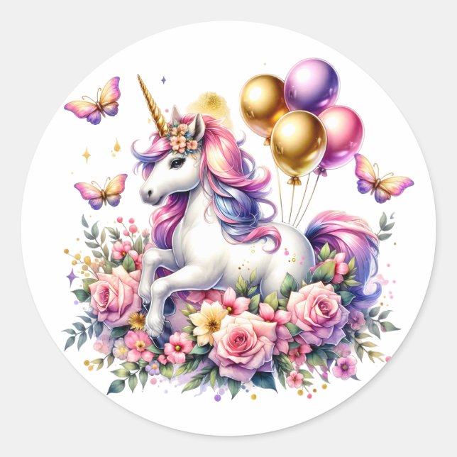 Pink Purple and Gold Unicorn Birthday   Classic Round Sticker (Front)