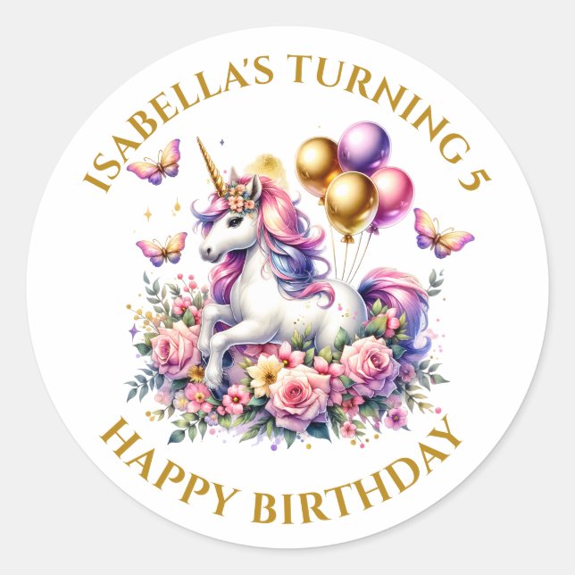 Pink Purple and Gold Unicorn Birthday Personalized Classic Round Sticker (Front)