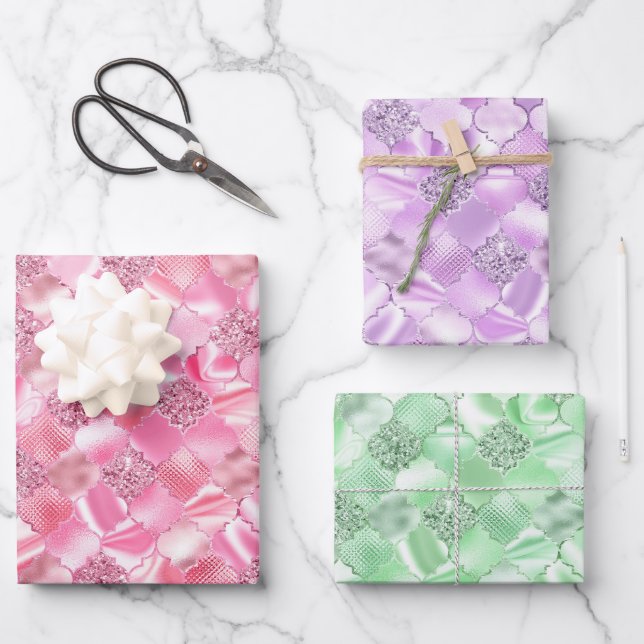 Pink, Purple and Green Moroccan Quatrefoil Wrapping Paper Sheet (Front)
