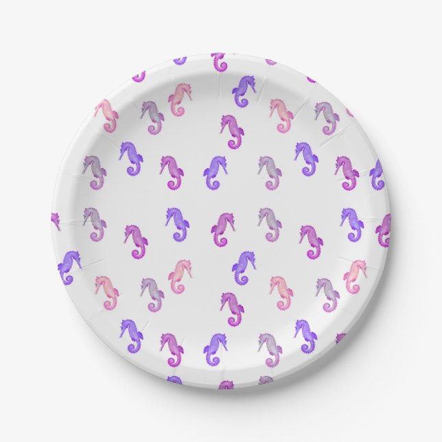 Pink Purple and Lilac Tiny Seahorses Pattern Paper Plate (Front)