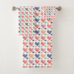 Pink Purple and Orange Hearts Bath Towel Set