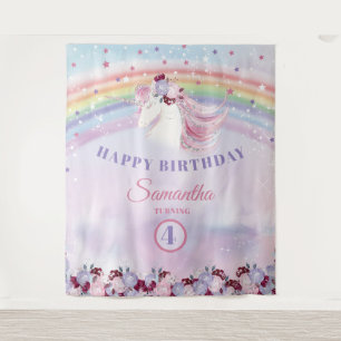 Pink Purple and Silver Unicorn Birthday Backdrop Tapestry