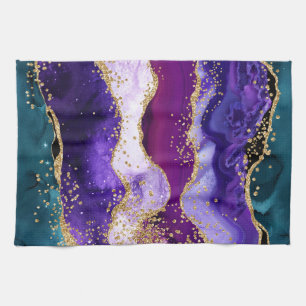 Pink, Purple and Teal Glitter Peacock Agate Kitchen Towel