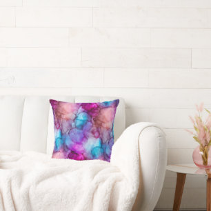 Pink Purple and Teal Watercolor Fluid Marble Throw Pillow