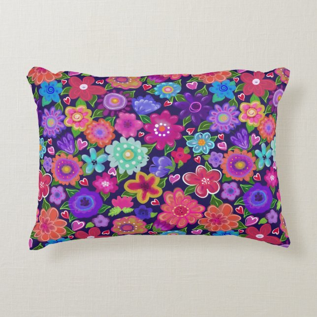 Pink, Purple, Aqua Boho Style Flowers  Accent Pillow (Front)