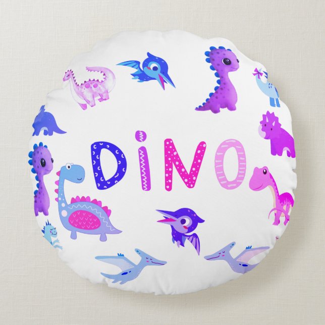 Pink & Purple Baby Girl Dino Throw Pillow (Front)