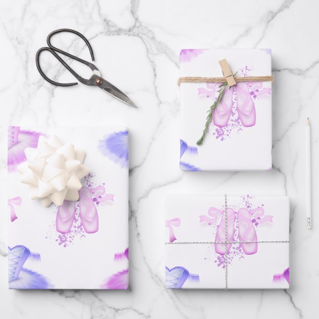 Pink & Purple Ballet Birthday Tutu & Pointe Shoes Wrapping Paper Sheet (Front)