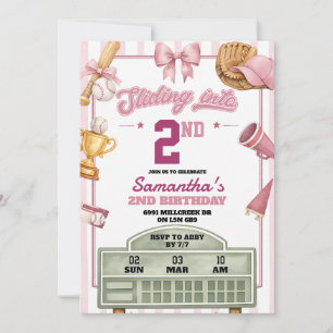 Pink Purple Baseball Slide Into Any Age Birthday Invitation