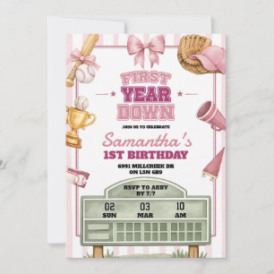 Pink Purple Baseball Theme 1st Year Down Birthday Invitation