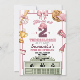 Pink Purple Baseball Theme 2nd Birthday Invitation