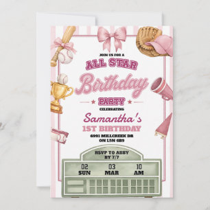 Pink Purple Baseball Theme All Star Girl Birthday Invitation
