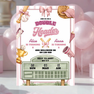 Pink Purple Baseball Theme Double Header Birthday Invitation