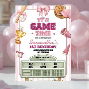 Pink Purple Baseball Theme Game Time Girl Birthday Invitation
