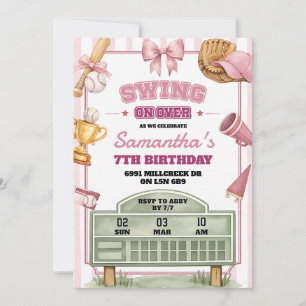 Pink Purple Baseball Theme Swing On Over Birthday Invitation