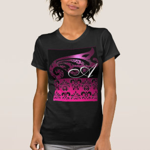 PINK PURPLE BLACK DAMASK MONOGRAM ,white, fuchsia T-Shirt