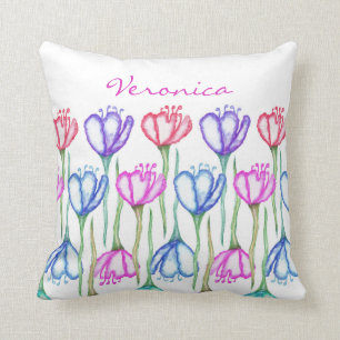 Pink Purple Blue and Red Watercolor Tulip Monogram Throw Pillow