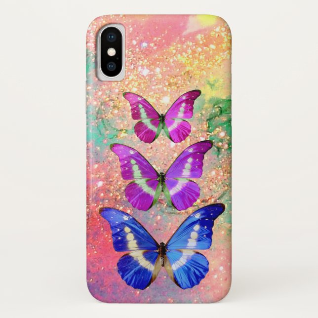 PINK PURPLE BLUE BUTTERFLIES IN GOLD SPARKLES Case-Mate iPhone CASE (Back)