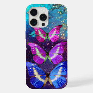 PINK PURPLE BLUE BUTTERFLIES IN GOLD SPARKLES iPhone 15 PRO MAX CASE