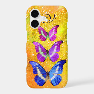 PINK PURPLE BLUE BUTTERFLIES IN GOLD YELLOW