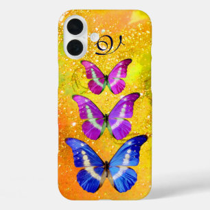 PINK PURPLE BLUE BUTTERFLIES IN GOLD YELLOW iPhone 16 PLUS CASE