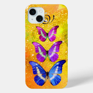 PINK PURPLE BLUE BUTTERFLIES IN GOLD YELLOW iPhone 15 MINI CASE