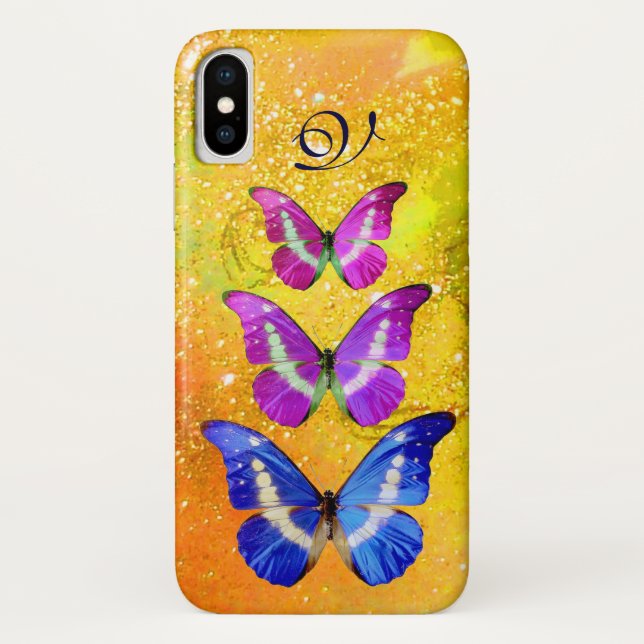 PINK PURPLE BLUE BUTTERFLIES IN GOLD YELLOW Case-Mate iPhone CASE (Back)