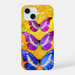 PINK PURPLE BLUE BUTTERFLIES IN GOLD YELLOW iPhone 15 CASE