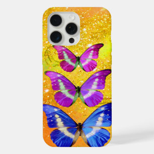 PINK PURPLE BLUE BUTTERFLIES IN GOLD YELLOW iPhone 15 PRO MAX CASE