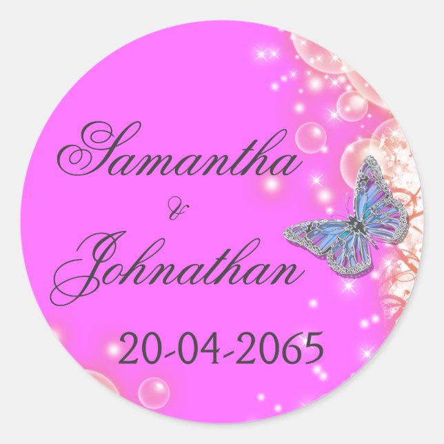 Pink purple blue butterfly wedding classic round sticker (Front)
