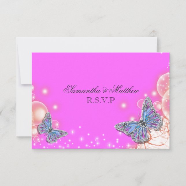 Pink purple blue butterfly wedding rsvp card (Front)