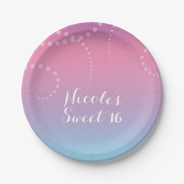 Pink Purple Blue Dipped Birthday Party Custom Paper Plate (Front)