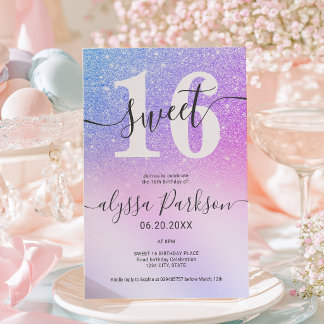 Pink Purple Blue Faux Glitter Sweet 16 Invitation