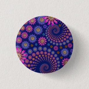 Pink Purple Blue Floral Pattern on Blue 1 Inch Round Button