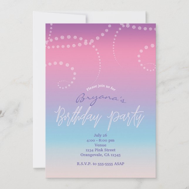 Pink Purple Blue Glam Birthday Party Invitations (Front)
