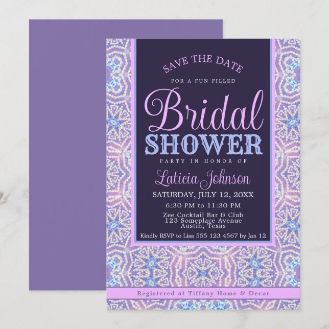 Pink Purple Blue Glamour Bridal Shower Invitation (Front/Back)