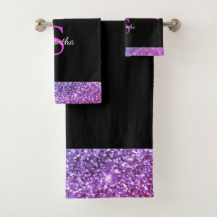 Pink Purple Blue Glitter Drips Black Monogram Name Bath Towel Set