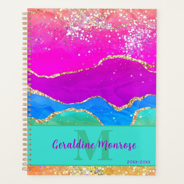 Pink Purple Blue Gold Marble Glitter Abstract Art Planner (Front)