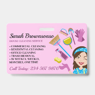 Pink Purple Blue Janitorial Cartoon House Cleaning Badge