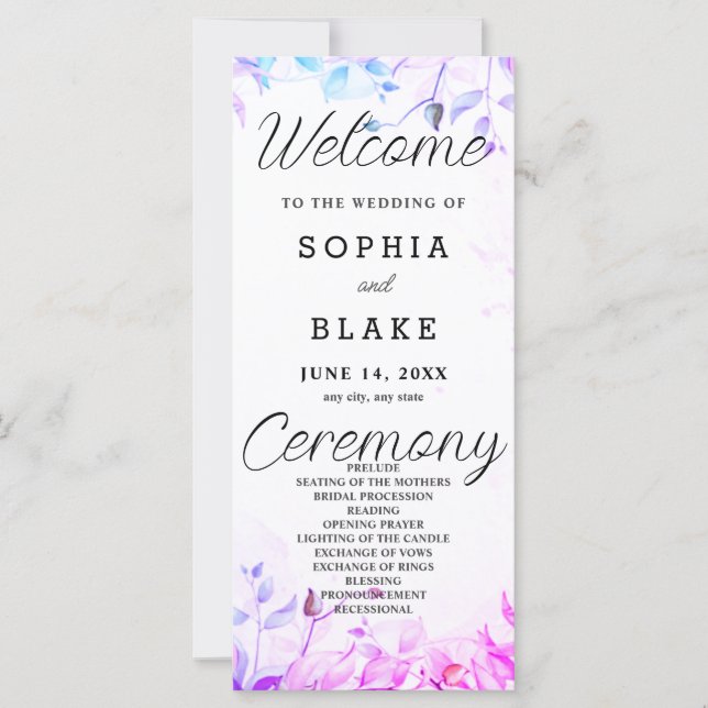 Pink Purple Blue Leaves White Wedding Program (Front)