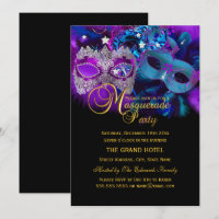 Pink Purple & Blue Masks Masquerade Party Invite
