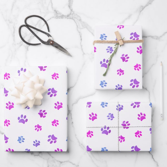 Pink Purple Blue Paw Prints Pattern Wrapping Paper Sheet (Front)