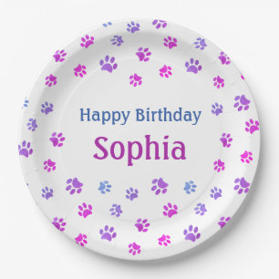 Pink Purple Blue Paw Prints Pet Birthday Party Paper Plate