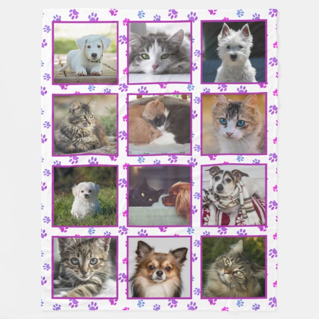 Pink Purple Blue Paw Prints Pet Photo Collage Fleece Blanket (Front)